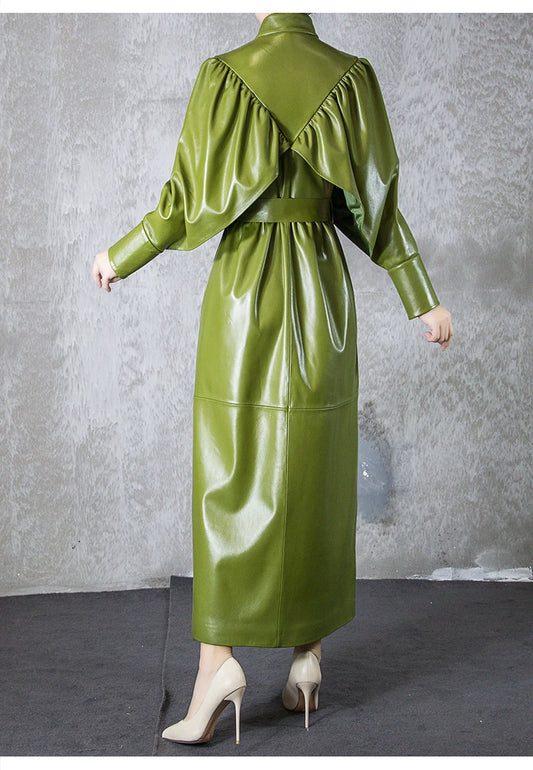 Green Black Maxi Soft Faux Leather Trench Coat for Women Luxury Retro Trench Coat