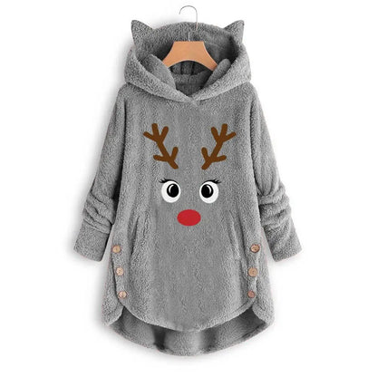 Women Printed Cat Ears Hooded Large Size Long Sleeve Button Sweater Warm Pullover Christmas Sweaters