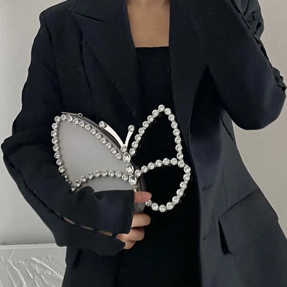 White Rhinestone Pink Butterfly Wedding Evening Clutches Party Prom Purse