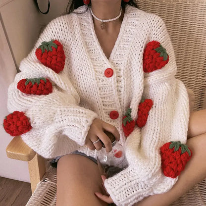 Large Size Women Sweater Puff Sleeve Strawberry Sweet Full Cardigans Loose Girls Sweater