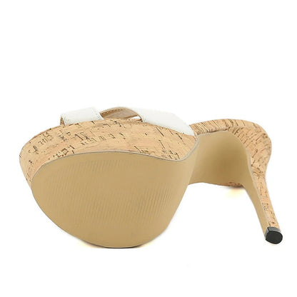 Super High Heels Slippers Sandals Women PU Leather Party Shoes Platform Heels  Peep Toe Slip On Mules