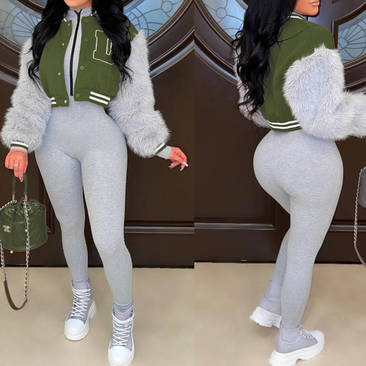 Women Faux Cony Hair Long Sleeve Patchwork Letter Baseball Jacket Streetwear