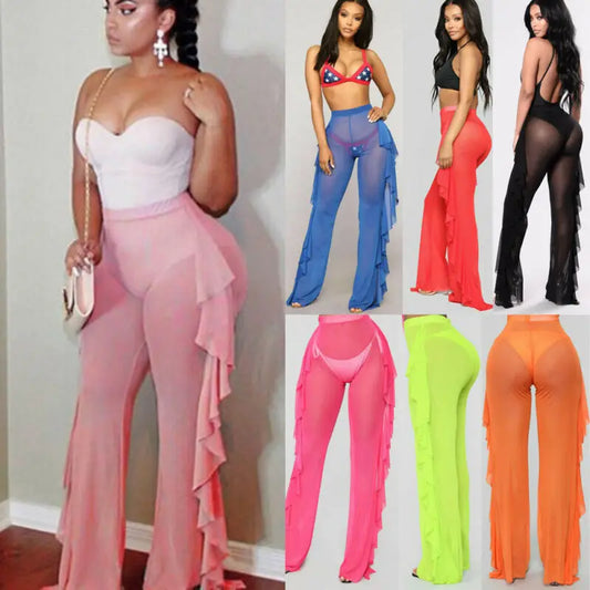 Women Beach Mesh Ruffle Sheer Wide Leg Pants Trousers Bikini Cover Up