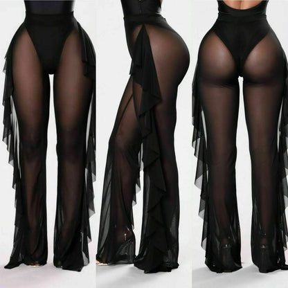 Women Beach Mesh Ruffle Sheer Wide Leg Pants Trousers Bikini Cover Up