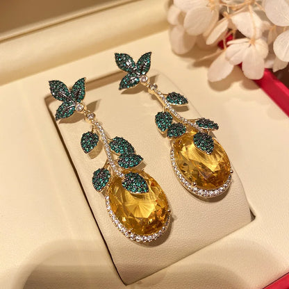 Green Leaf And Yellow Cubic Zirconia Vintage Luxury Drop Earring For Women