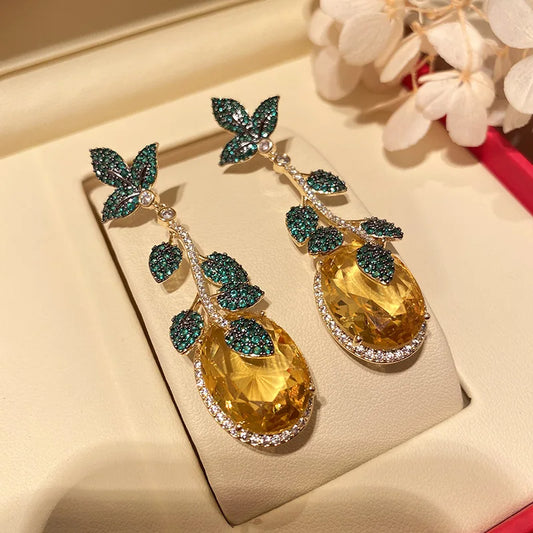 Green Leaf And Yellow Cubic Zirconia Vintage Luxury Drop Earring For Women