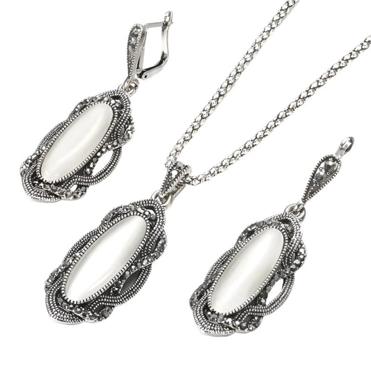 Hot Bohemian Big Opal Stone Earrings Necklace Jewelry Sets For Women