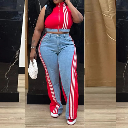 Denim Sets Sleeveless Suit Tops And Wide Leg Pants Suits Two Piece Set