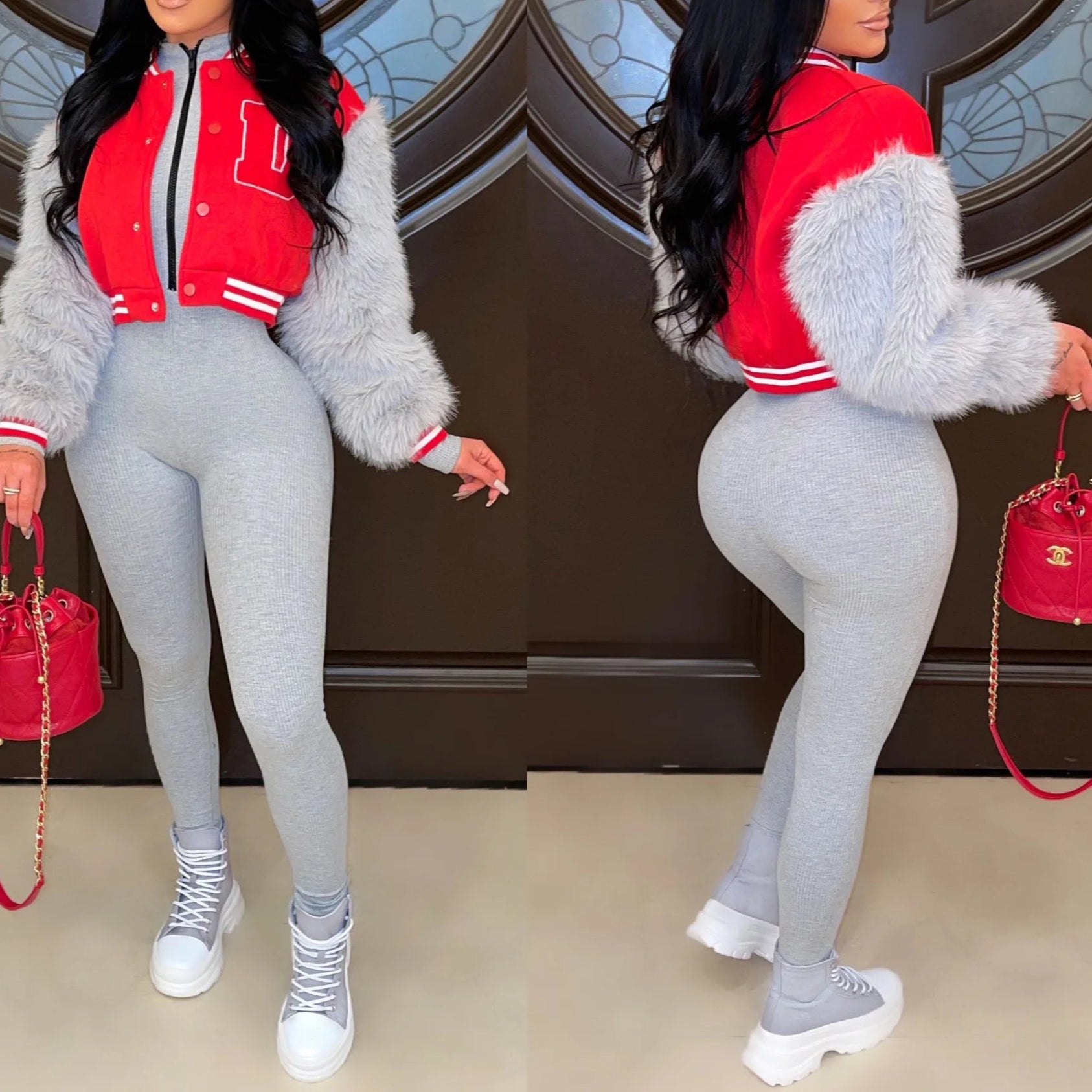 Women Faux Cony Hair Long Sleeve Patchwork Letter Baseball Jacket Streetwear