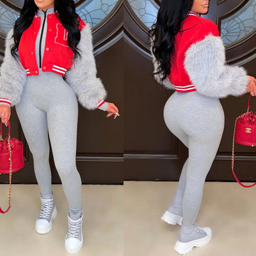 Women Faux Cony Hair Long Sleeve Patchwork Letter Baseball Jacket Streetwear