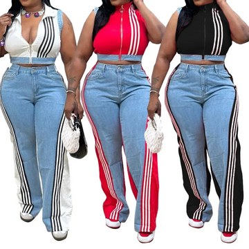 Denim Sets Sleeveless Suit Tops And Wide Leg Pants Suits Two Piece Set
