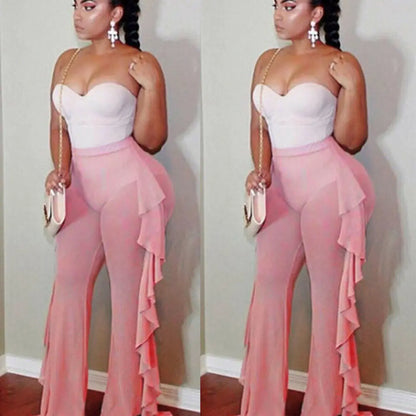 Women Beach Mesh Ruffle Sheer Wide Leg Pants Trousers Bikini Cover Up