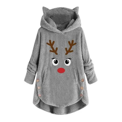 Women Printed Cat Ears Hooded Large Size Long Sleeve Button Sweater Warm Pullover Christmas Sweaters