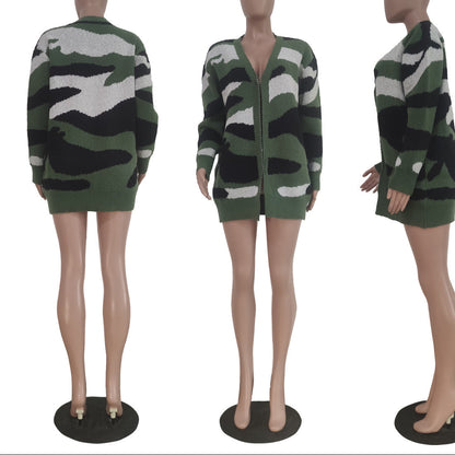 Women Camouflage Long Sleeve Open Stitch Cardigans Sweater Tops