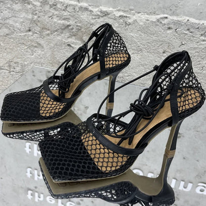 Sexy Mesh Pumps Sandals Female Square Toe High Heel Lace Up Cross-Tied Dress Shoes