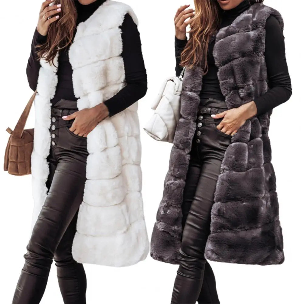 Faux Fur Sleeveless Coat Solid Round Neck Thick Outerwear Jacket