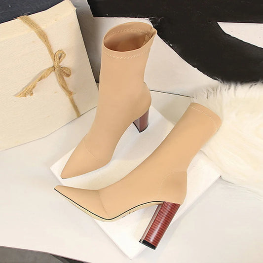 Women Ankle Boots Square High Heels Pumps Stretch Fabric Sock Boots