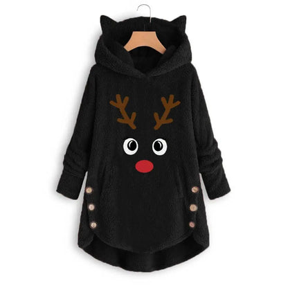 Women Printed Cat Ears Hooded Large Size Long Sleeve Button Sweater Warm Pullover Christmas Sweaters