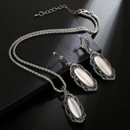 Hot Bohemian Big Opal Stone Earrings Necklace Jewelry Sets For Women