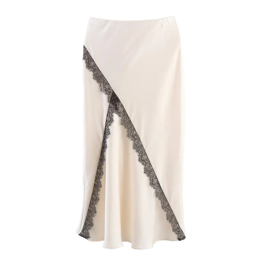 Women Lace with Silk Satin Texture Midi Skirt Vintage High Waist Side Zipper Skirt