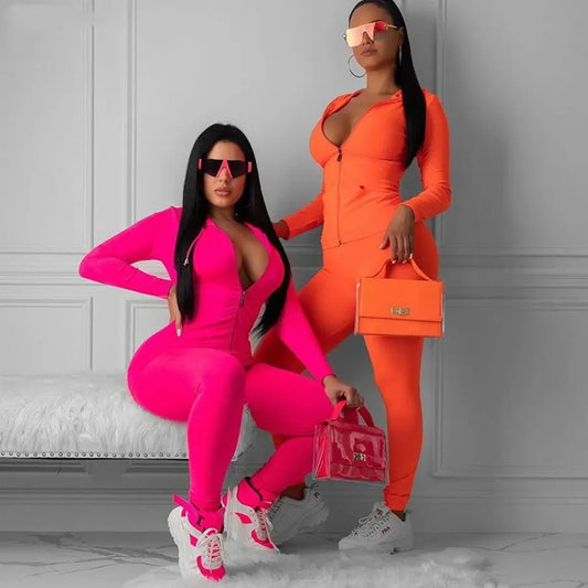Two piece set women long sleeve hooded zipper pocket sporty Jackets + leggings Stretchy