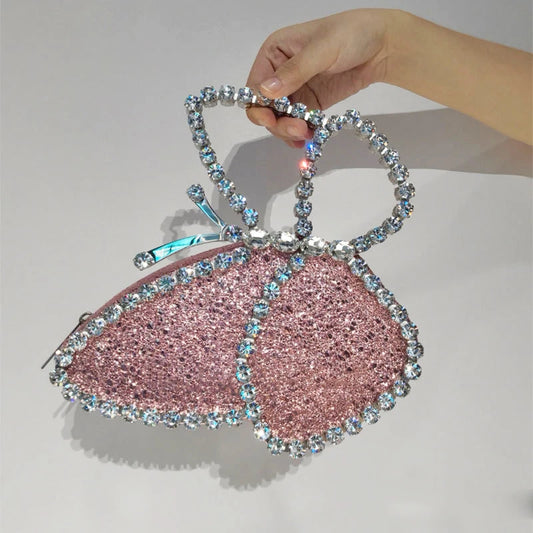 White Rhinestone Pink Butterfly Wedding Evening Clutches Party Prom Purse