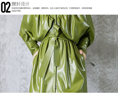 Green Black Maxi Soft Faux Leather Trench Coat for Women Luxury Retro Trench Coat