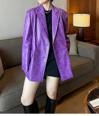 Oversized Shiny Purple Crocodile Pattern Faux Leather Blazer for Women Y2k