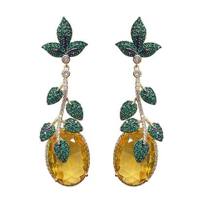 Green Leaf And Yellow Cubic Zirconia Vintage Luxury Drop Earring For Women
