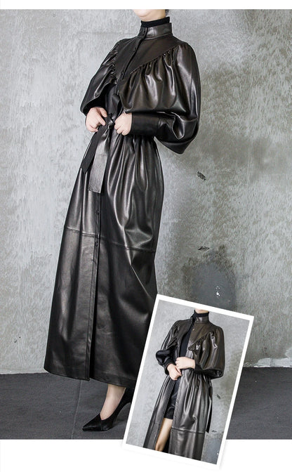 Green Black Maxi Soft Faux Leather Trench Coat for Women Luxury Retro Trench Coat
