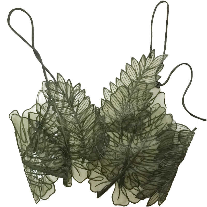 Women Tank Top Green Transparent Top Camisole Embroidered Tanks Organza Crop Top