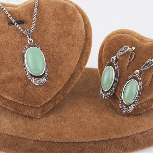 Delicate Green Opal Stone Retro Jewelry Sets Vintage Earrings Necklace for Women
