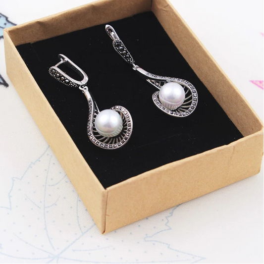 Vintage Pearl Jewelry Set For Women White Pearl Drop Earrings Long Pendant Necklace