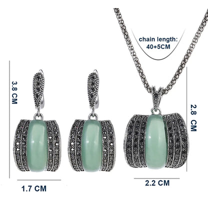 Antique Geometric Green Stone Ring Necklace And Earrings Sets for Women