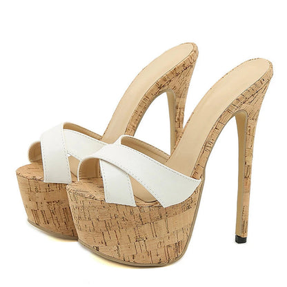 Super High Heels Slippers Sandals Women PU Leather Party Shoes Platform Heels  Peep Toe Slip On Mules