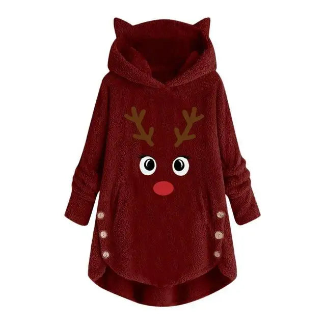 Women Printed Cat Ears Hooded Large Size Long Sleeve Button Sweater Warm Pullover Christmas Sweaters