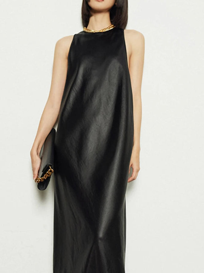 Black Extra Long Faux Leather Tank Dress Autumn Stylish Backless Maxi Dress for Women