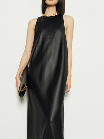 Black Extra Long Faux Leather Tank Dress Autumn Stylish Backless Maxi Dress for Women