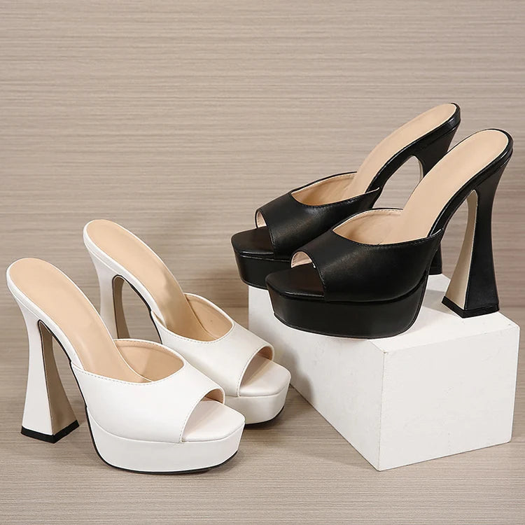 Women Platform Slippers Slides Summer Peep Toe Square Heels 13cm Gladiator Sandals