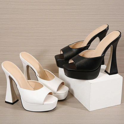 Women Platform Slippers Slides Summer Peep Toe Square Heels 13cm Gladiator Sandals