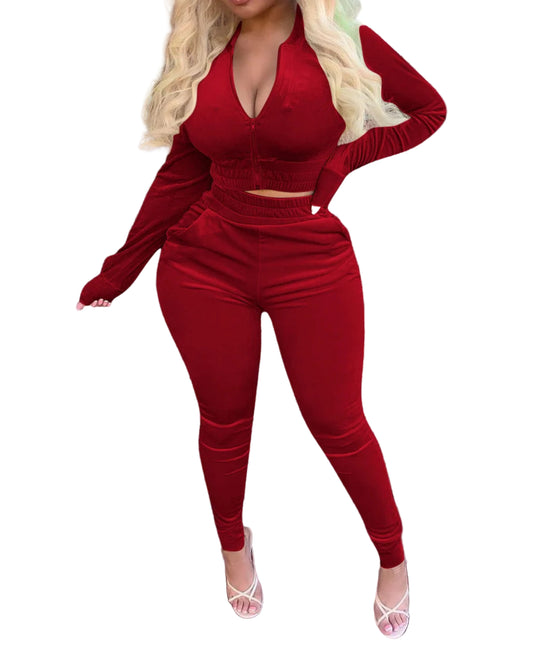 Velvet Hooded Long Sleeve Crop Top Stacked Pants Leggings 2 Piece Set Tracksuit