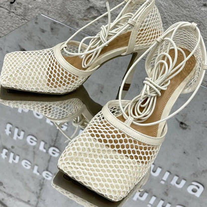 Sexy Mesh Pumps Sandals Female Square Toe High Heel Lace Up Cross-Tied Dress Shoes
