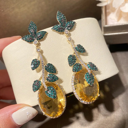 Green Leaf And Yellow Cubic Zirconia Vintage Luxury Drop Earring For Women
