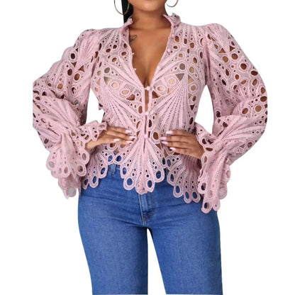 Summer Shirts For Women Elegant Short Sleeve Hollow Out Lace Sheer See Through Top Blouse