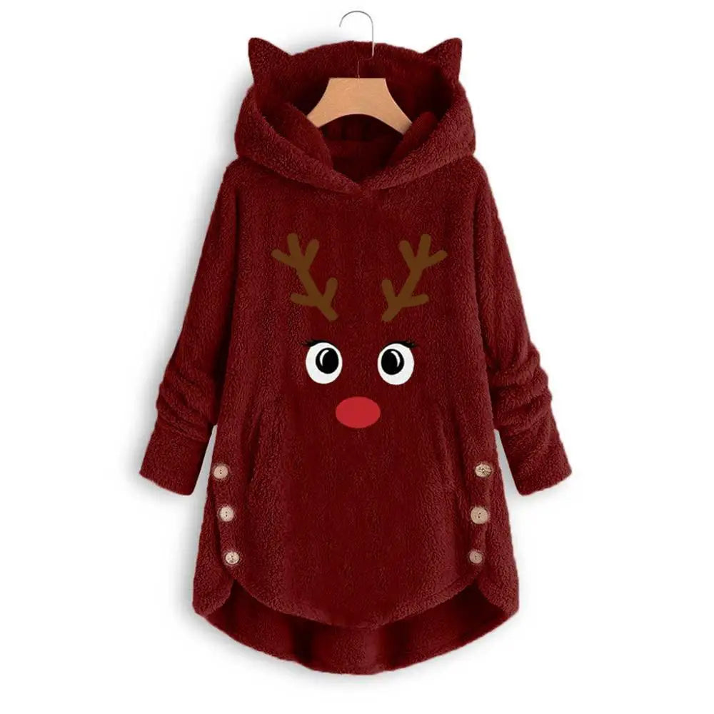 Women Printed Cat Ears Hooded Large Size Long Sleeve Button Sweater Warm Pullover Christmas Sweaters