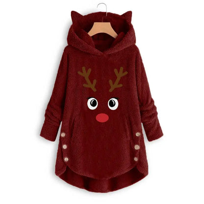 Women Printed Cat Ears Hooded Large Size Long Sleeve Button Sweater Warm Pullover Christmas Sweaters