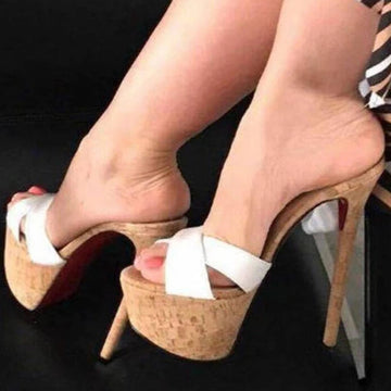 Super High Heels Slippers Sandals Women PU Leather Party Shoes Platform Heels  Peep Toe Slip On Mules