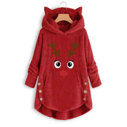 Women Printed Cat Ears Hooded Large Size Long Sleeve Button Sweater Warm Pullover Christmas Sweaters