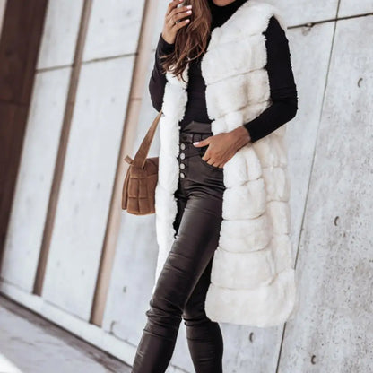 Faux Fur Sleeveless Coat Solid Round Neck Thick Outerwear Jacket