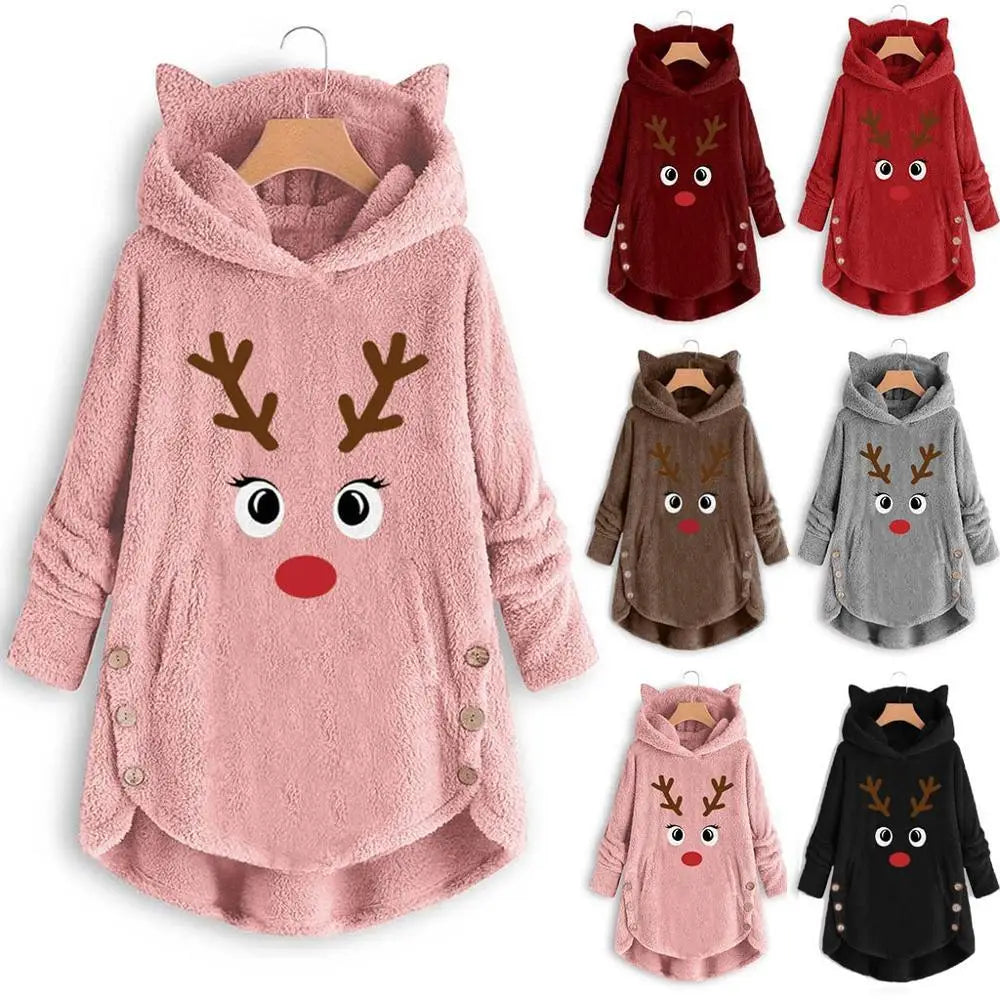 Women Printed Cat Ears Hooded Large Size Long Sleeve Button Sweater Warm Pullover Christmas Sweaters